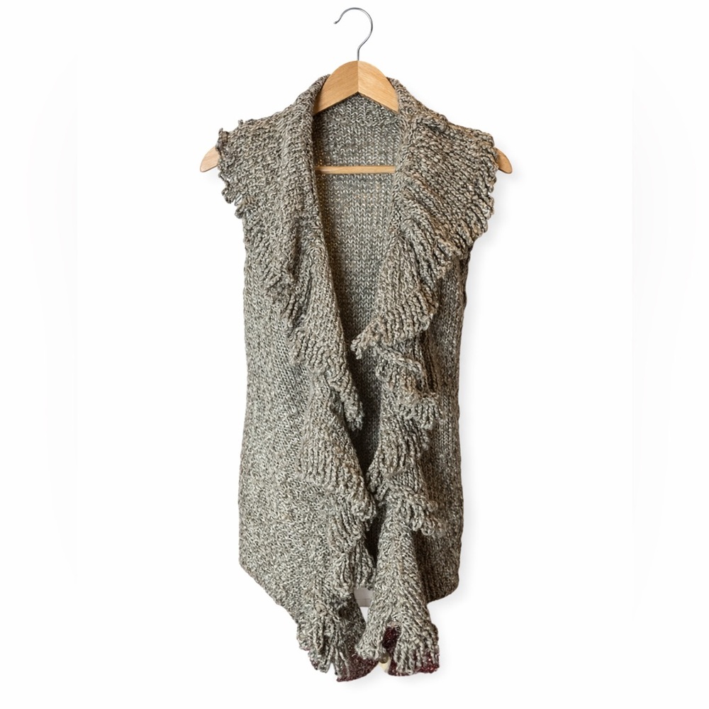 600 West Chunky Knit Sweater Vest Large Open Front Ruffle Collar Boho Casual